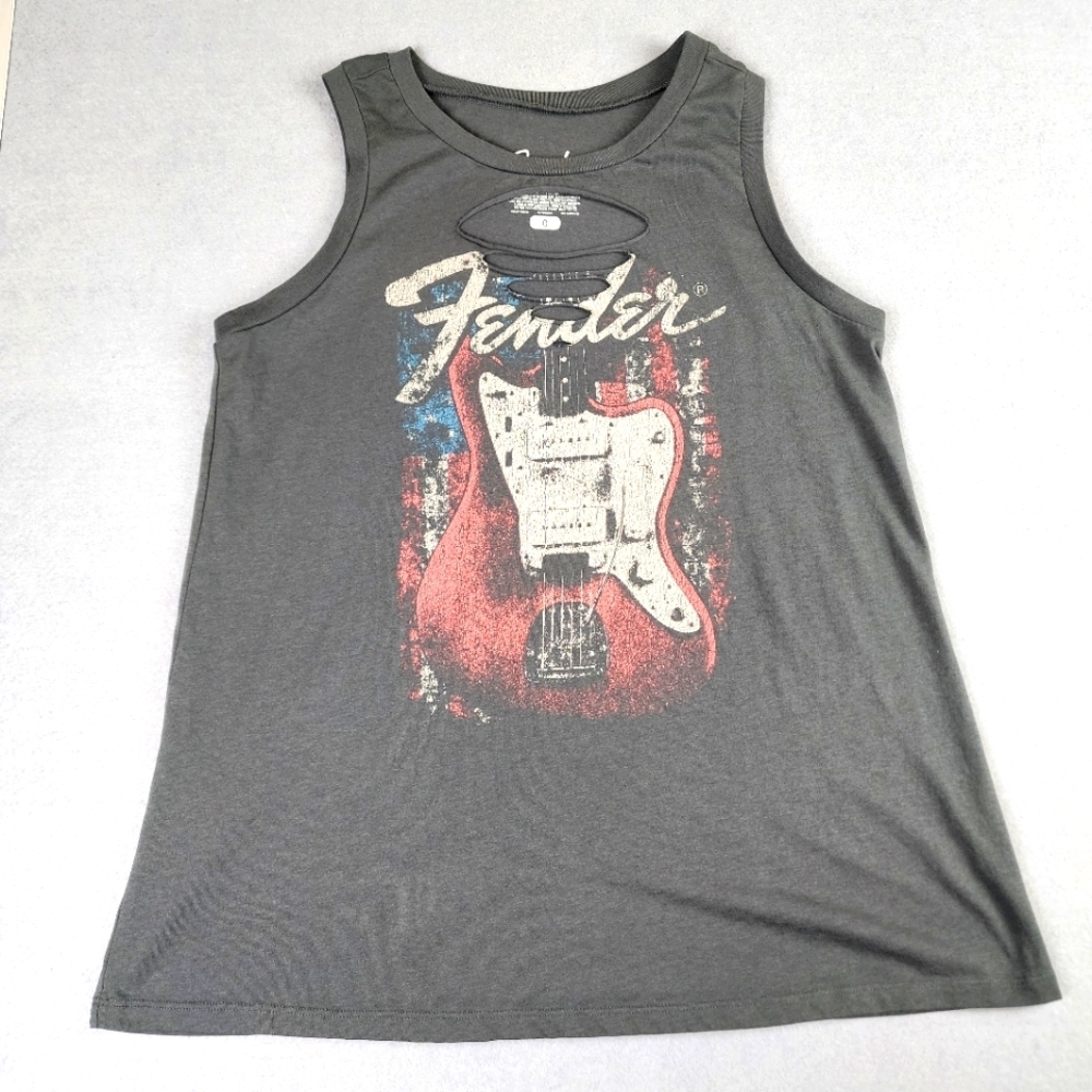 Fender Gray Tank Top with Vintage Red White & Blue Design Guitar Design Womens